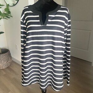 NWT OFEEFAN Womens Black White Striped Long Sleeve Tunic Shirt Top XXL Casual